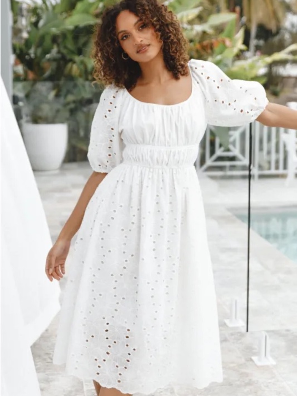 White Eyelet Puff-Sleeve Midi Dress